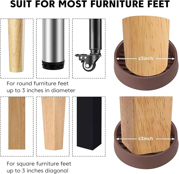 Rubber Non Slip Furniture Pads for Hardwood Floors,8 PCS 3"x3" Round Floor Protectors for Furniture,Large Furniture Casters Cups for Table Bed Couch Stoppers to Prevent Sliding,Brown