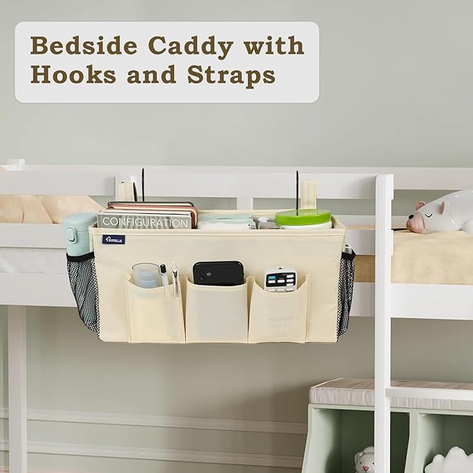 Surblue Bedside Organizer with Hook Bedside Caddy Hanging Storage Bag with Adjustable Strap and Water Bottle Holder for Home College Dorm Bunk Bed Accessories, Crib Bed Rail, Hospital Bed, Beige, 2PCS