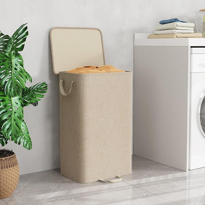 Lifewit Laundry Hamper with Lid and Removable Laundry Bag, Large Collapsible 1 Divider Dirty Clothes Basket with Handles for Bedroom, Laundry Room, Closet, Bathroom, College, 100L Beige