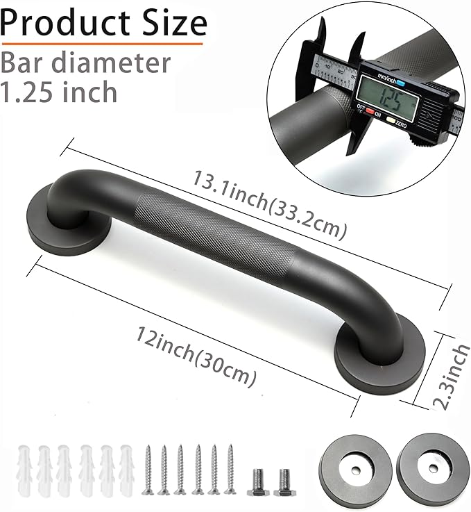 Shower Grab Bar, 2 Pack 12 Inch Gray Bathroom Grab Bar, 1.25" Diameter 304 Stainless Steel Anti-Slip Grab Bars for Bathtubs and Showers, Handicap Shower Grab Bar for Seniors Elderly