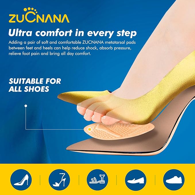Metatarsal Pads | 2 Pairs High Heel Inserts | Soft Gel Shoe Inserts for Women | Reusable Ball of Foot Cushions for Women Foot Pain Relief and Comfort | One Size Fits Any (Golden)