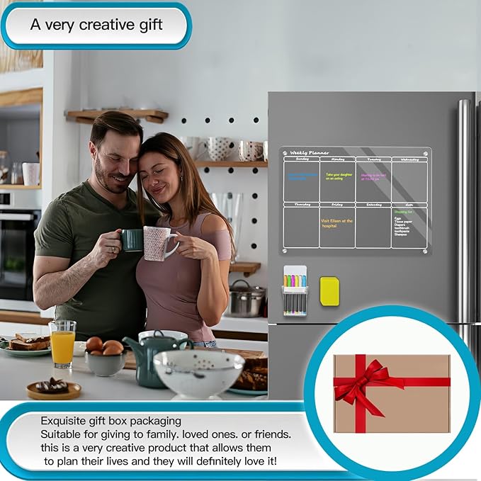16"X12" Acrylic Weekly Planner for Fridge,Acrylic Magnetic Menu Board for Kitchen,Clear Meal Planner for Refrigerator,Magnet Weekly Calendar for Fridge with 6 Magnetic Markers