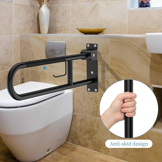 Toilet Grab Bar 30.3 Inch Black, Munzong Anti-Slip Handicap Grab Bars with Paper Holder, Flip-Up Bathroom Safety Rails, Stainless Steel Knurled Support handrails for Seniors Elderly Disabled Pregnant