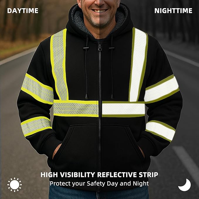 Hi Vis Hoodie Reflective Safety Jacket for Men,Class 3 High Visibility Sweatshirt Zipper for Work Construction