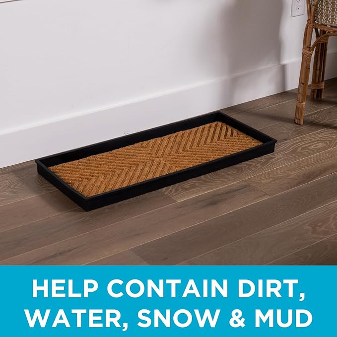 BIRDROCK HOME Rubber Boot & Shoe Tray | Coir Insert | 34" x 14" | Waterproof Shoe Tray for entryway | Embossed Pattern