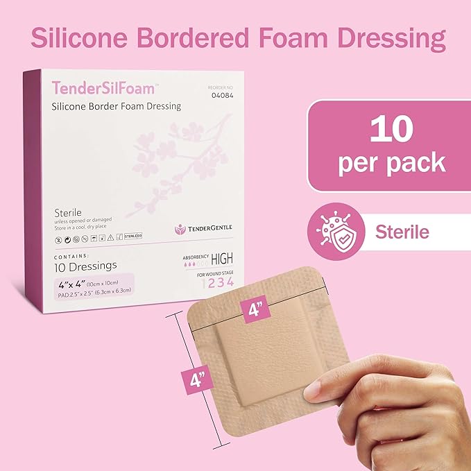 Bordered Silicone Foam Bandages - 10 4x4 Sterile Silicone Foam Dressings for Wound Care, & Dressings - Absorbent Bed Sore Protectors - Good for Sensitive Skin