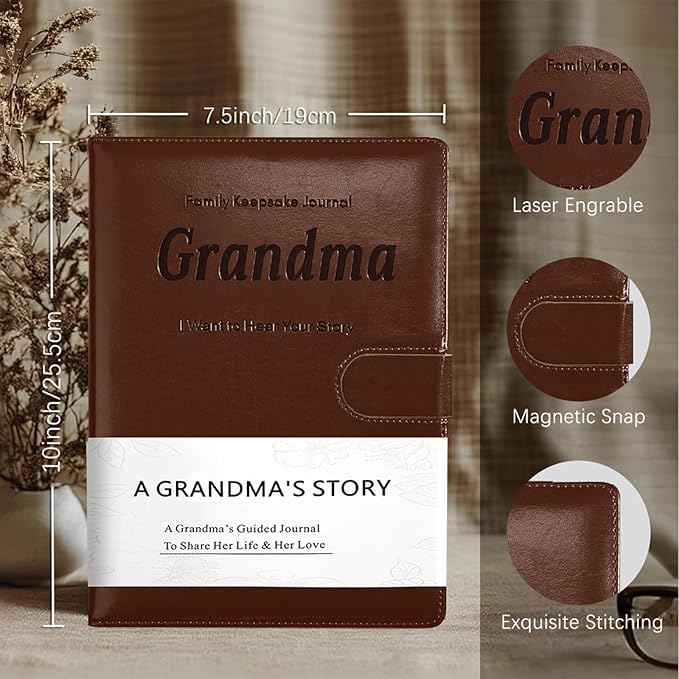 Artmag Grandma's Life Story Journal with 250+ Prompt Questions, Family Keepsake Book Leather Cover for Grandma to Share Her Memories for Birthday Mother's Day Christmas (Brown)