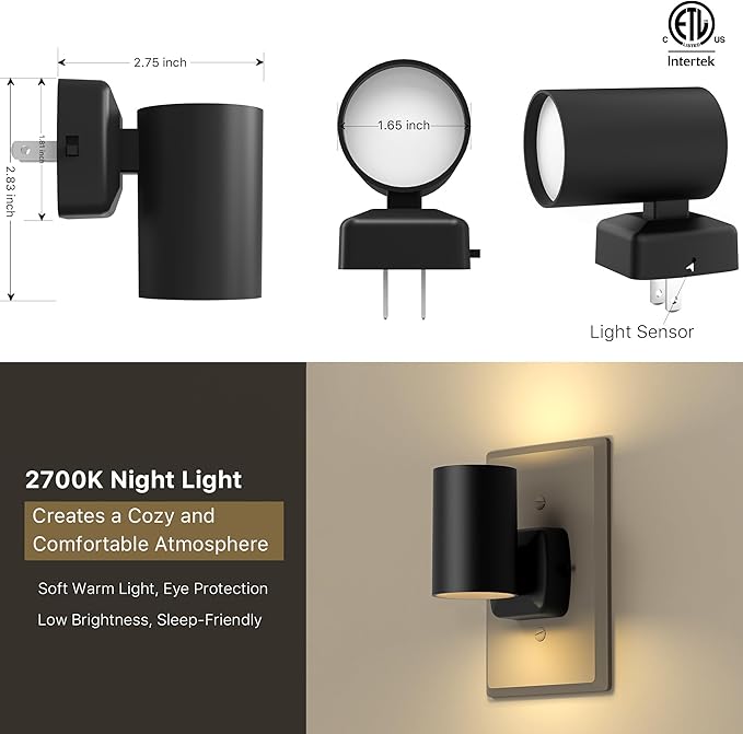 Led Night Light Plug in,Night Lights Plug into Wall Dusk to Dawn Sensor,20lm/40lm Adjustable Brightness,2700k Soft White,Dimmable Night Light for Hallway Bedroom Bathroom 6 Pack ETL-Certified
