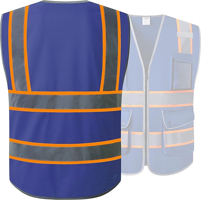 JKSafety 9 Pockets High Visibility Zipper Front Safety Vest | Blue with Dual Tone High Reflective Strips | Meets ANSI/ISEA Standards (901-Blue, Medium)