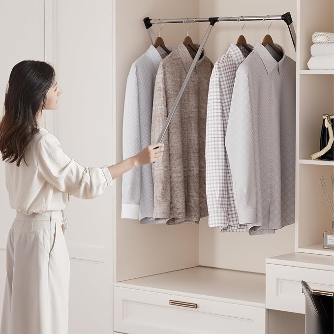 Pull Down Closet Rod 33-47 Inches Adjustable - Stainless Steel Soft-Close Wardrobe Lift Rail with Two-Way Buffering, Space-Saving Back Mount Closet Organizer