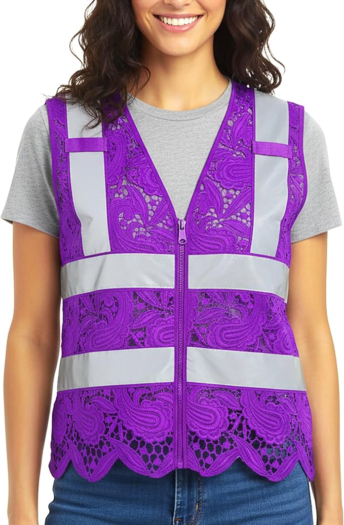 Lace-Mesh Safety Vest for Women & Men - Breathable, High Visibility Vest with Zipper & ANSI Class 2 Reflective Strips