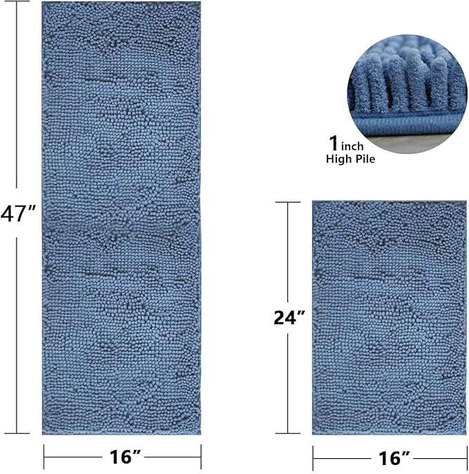 BOANKODU Bathroom Rugs Sets 2 Piece，47X16+16X24Inch，Absorbent Non-Slip Very Soft Chenille Mat,Machine Washable（Fog Blue）