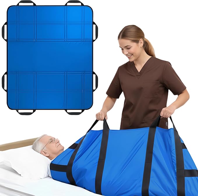 Upgraded 3-Layer Comfort Positioning Bed Pad with Handles Washable Waterproof Transfer Board for Turning Moving Patient Inconvenience Care Transfer Sheet, 43"x 36", Medium, Lake Blue
