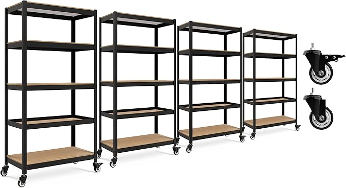 HOMEDANT House 5-Tier Metal Rolling Cart Shelf Rack Casters Heavy Duty Laminated Wheel Shelving Unit Adjustable Utility Storage Shelves Organizer Shelf Kitchen Garage (4, (M) 36.2" W, Black)