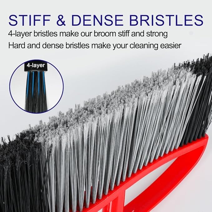 2-Pack Outdoor Heavy Duty Broom Set, 15.7" Wide Angle All-Terrain Sweepers with Long Adjustable Handle & Stiff Bristles for Patio, Garage, Yard, Garden (Black&Red)
