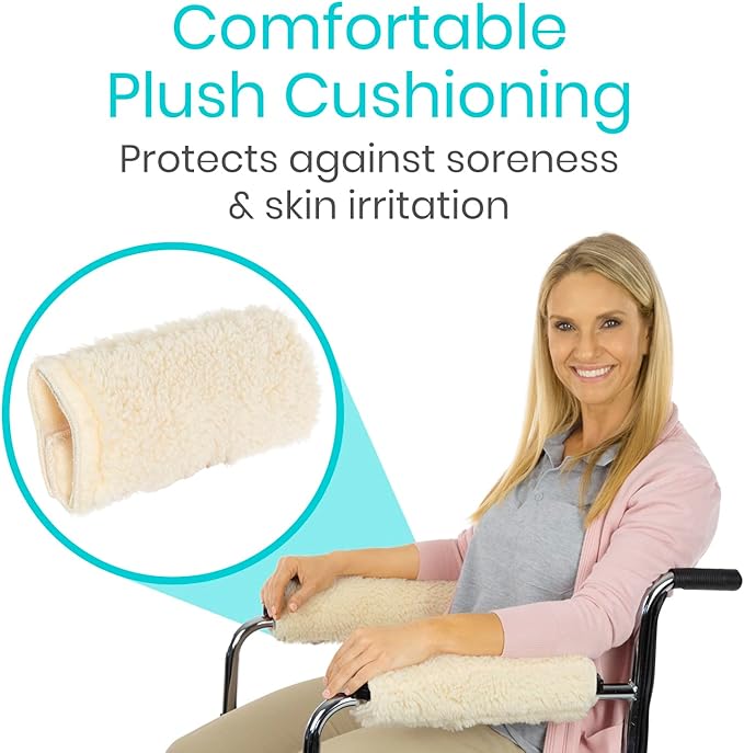 Vive Wheelchair Armrest Covers (Pair) - Memory Foam Sheepskin Accessories Pads for Transport Electric Wheel Chair Arm Rests - for Adults, Seniors, Handicapped - Soft Support Cushion for Mobility Aids