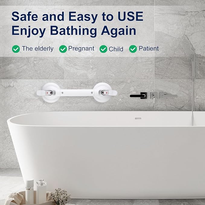 Suction Cup Grab Bars for Bathtubs and Bathroom, Tool Free Shower Handle, Grab Handle for Elderly Suction with Indicators, Shower Grab Bar for Seniors,White