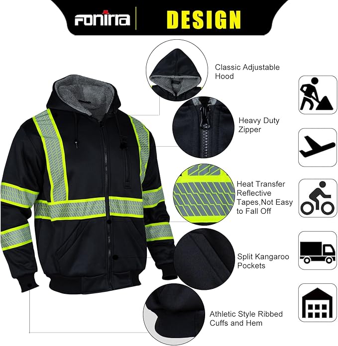 FONIRRA Men's High Visibility Safety ANSI Class 3 Lined Fleece Hoodie Sweatshirt with Black Bottom Jumper Workwear for Men(Black,5XL)