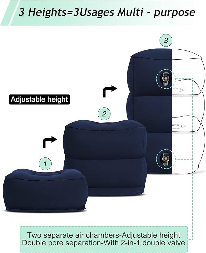 JefDiee Inflatable Travel Foot Rest Pillow, Kids Airplane Bed, Adjustable 3 Layers Height Leg Rest Pillow, Adults Travel Essentials Great for Airplane, Office, Home, Trains, Cars (Blue)