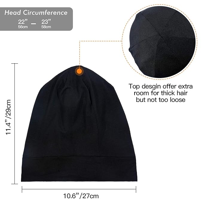 SilkySatin Lined Bonnet Sleep Cap - Adjustable Stay on All Night Hair Wrap Cover Slouchy Beanie for Curly Hair Protection for Women and Men - Black & Light Grey