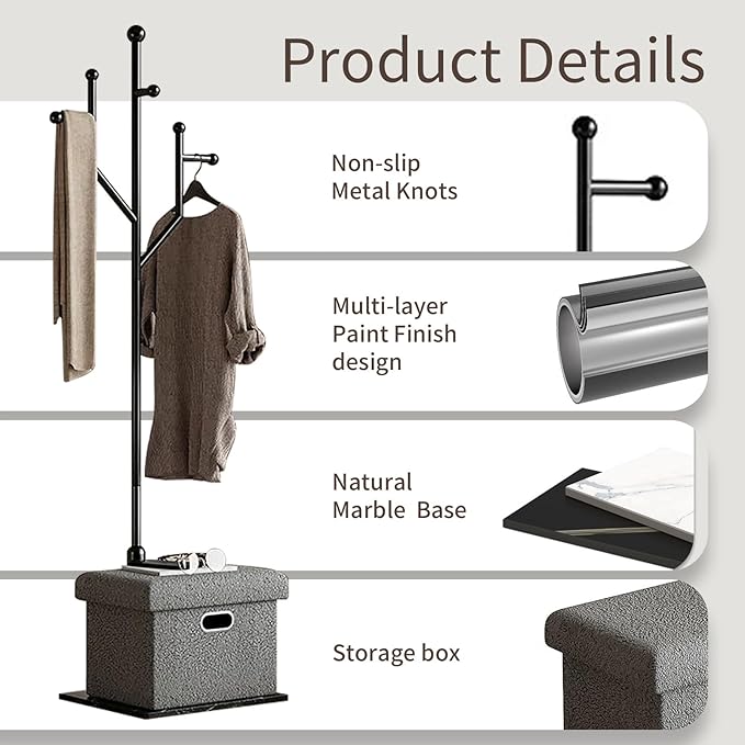 Modern Metal Coat Rack Stand, Heavy Duty Coat Rack Freestanding with Natural Marble Base, 8 Hooks, Ideal for Bedroom, Entryway, Hallway, Office, Gifts for Women, for Mom, for Men (Black)