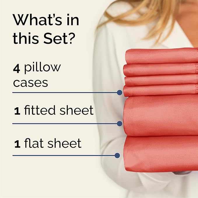 Queen 6 Piece Sheet Set - Cooling & Breathable Bed Sheets - Hotel Luxury Bed Sheets for Women, Men, Kids & Teens - Comfy Bedding w/Deep Pockets & Easy Fit - Soft & Wrinkle Free - Queen Coral Sheets