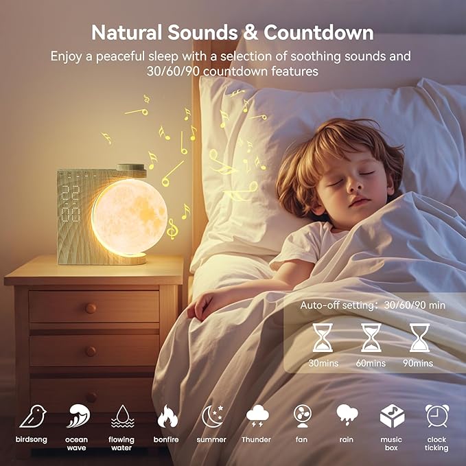 Rotatable Moonlight Alarm Clock, Sunrise Alarm Sleep Sound Machines, Night Lamp for Bedrooms with Snooze Function, 10 Light Effects, 30/60/90 Timer, 10 Sleep Nature Sounds, 15 Ringtones, 12 Volume