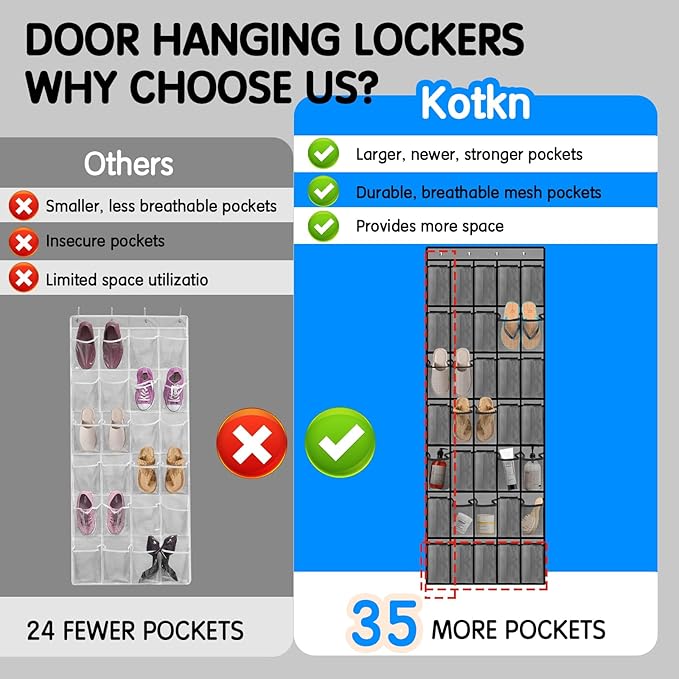 35 Compartment Over The Door Storage - Breathable Mesh Hanging Organizer with Large Pockets, Space Saving Design for Men & Women's Footwear, Closet, Bedroom (Gray)