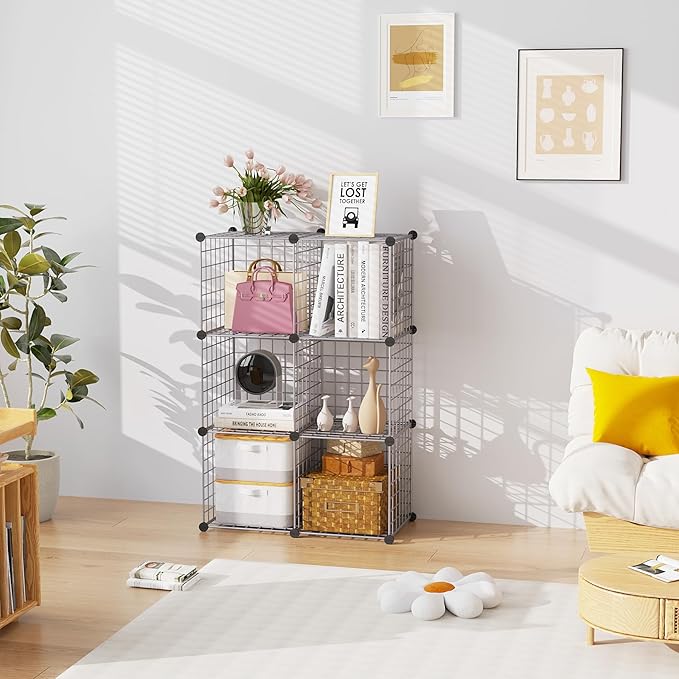 C&AHOME Wire Cube Storage, 6 - Cube Organizer Metal C Grids, Modular Shelves Units, Closet Organizer, Ideal for Home, Office, Living Room, 36.6”L x 12.4”W 36.6”H, Silver Gray UWCS3006G