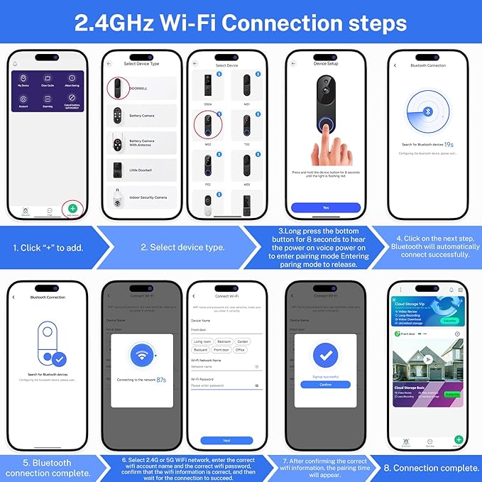 1080p Wireless Video Doorbell Camera, Battery Powered, AI Human and Motion Detection, 2 Way Talk, Night Vision, Cloud Storage (Sold Separately), 2.4G WiFi Only, Indoor/Outdoor Surveillance