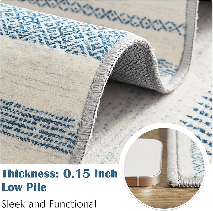 jinchan Moroccan Boho Runner Rug 2x5 - Machine Washable Non-Slip Low-Pile Soft Bohemian Runner Rug for Entryway Hallway Kitchen Bedroom Laundry Room (2‘x5', Blue)