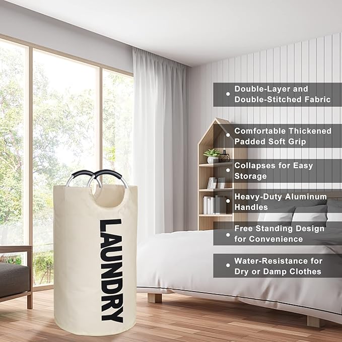 Extra Large Laundry Hamper Bag Collapsible, Tall Laundry Basket with Handles, Portable Dirty Fabric Clothes Hampers for College Dorm, Bedroom, Freestanding, Easy Carry, 130L XXXL White