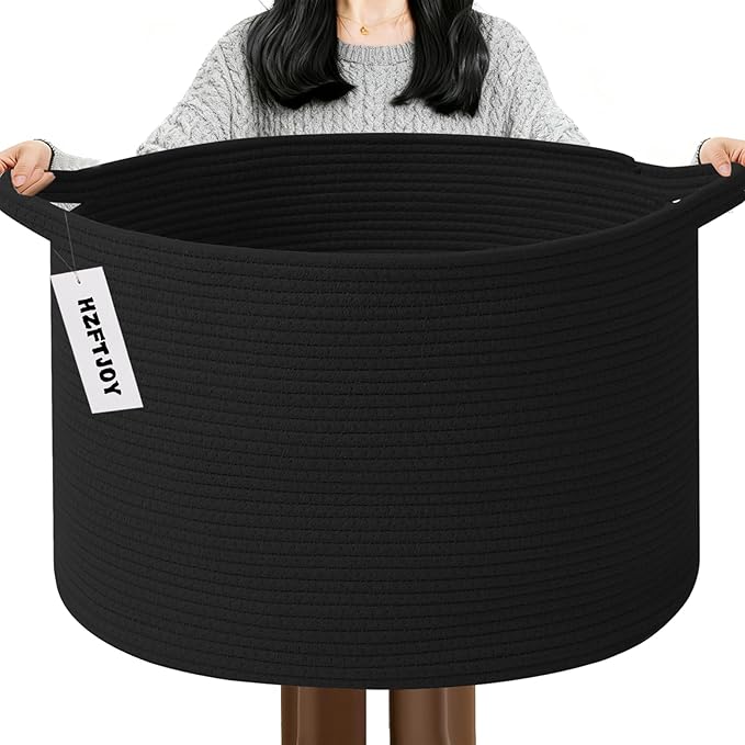 Large Storage Basket with Handle,23.6" x 23.6" x 15.7" Blanket Basket Storage Bins for Organizing,65L Cotton Rope Woven Baskets for Living Room, Nursery,Bedroom,Black