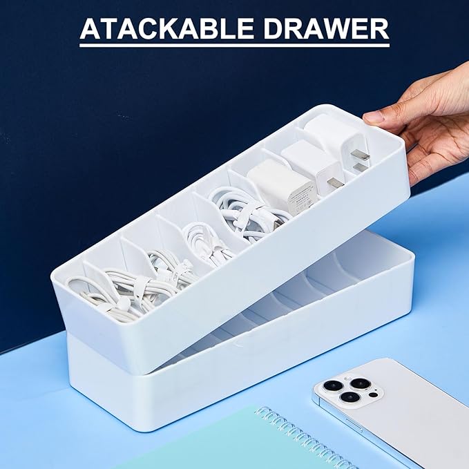 Tatuo 4 Pcs Cable Organizer with 40 Wire Ties, Plastic Cord Storage Charger Box Electronics Organizer with Adjustment Compartments Cable Storage for Drawer Home Office Desk Accessories (White)