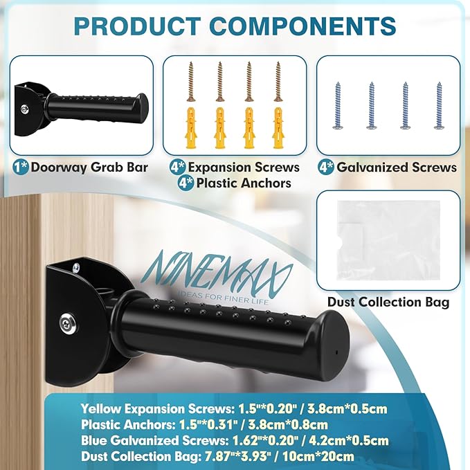 NINEMAX Doorway Assist Handle for Stairs, Flip Up Folding Grab Bar for Wall, Foldable Safety Grab Handle for Elderly/Handicap or People with Balance Issue, Metal Grip Handrail for Seniors