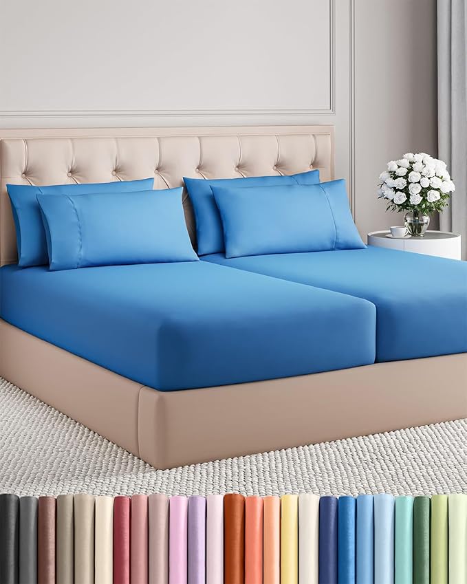 Split King 7 Piece Sheet Set - Cooling & Breathable Bed Sheets - Hotel Luxury Bed Sheets for Women, Men, Kids & Teens - Deep Pockets - Easy Fit - Soft and Wrinkle Free - Split King Royal Blue Sheets