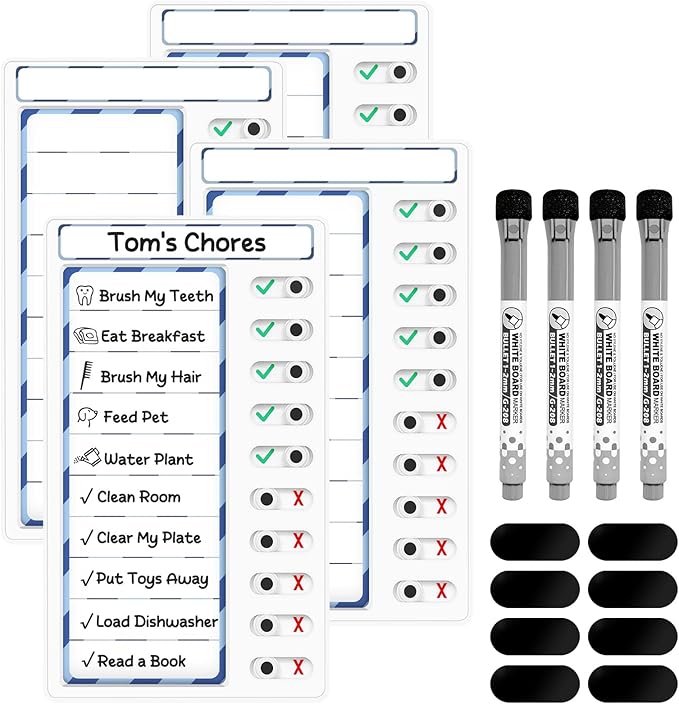 4-in-1 Chore Chart: Dry Erase My Chores Slider Chart, Magnetic Visual Schedule for Fridge, Kids Daily Checklist - ADHD Tools: To-Do List and Routine Chart (Blue 4-Pack)