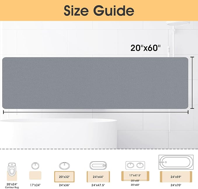 Ultra Thin Bath Mat, Upgrade Backing Non Slip Thin Bath Mats Fit Under Door, Quick Dry Ultra Absorbent Bathroom Rugs, Machine Washable Bath Rugs for Bathroom, Bathtub, Light Gray/Solid/59"x20"