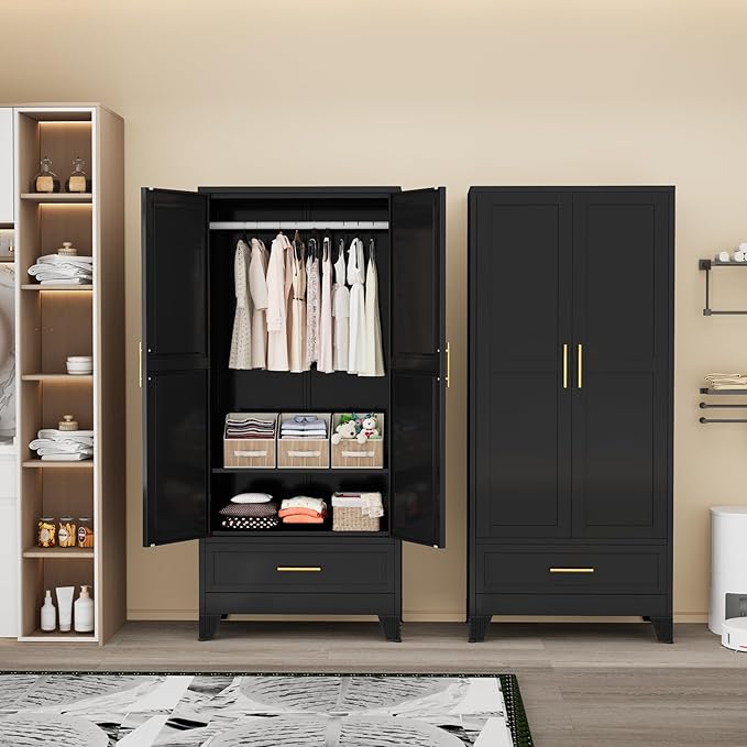 Metal Armoire Wardrobe Closet with Drawers,Storage Cabinet with Hanging Rod,71'' Metal Wardrobe Cabinet with 2 Doors and Adjustable Shelves for Bedroom, Laundry Room, Cloak Room