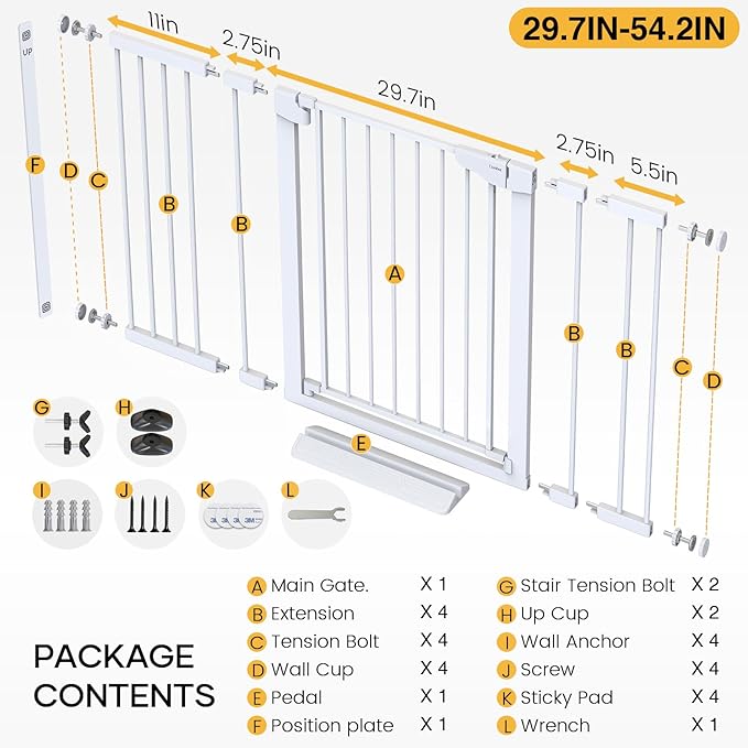 Cumbor 36" Extra Tall Baby Gate for Stairs, 29.7-54.2" Extra Wide Dog Gate for Doorways Hallways, Pressure Mounted Child Gate for Wide Opening, Auto Close Personal Safety for Babies and Pets, White