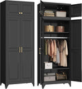 Metal Armoire Closet, 86 Inch Tall Wardrobe Armoire with Hanging Rod, Wardrobe Closet for Clothes with Doors, 18" D x 32" W x 86" H,Black, Assemble Required, Shipped in Two Packages