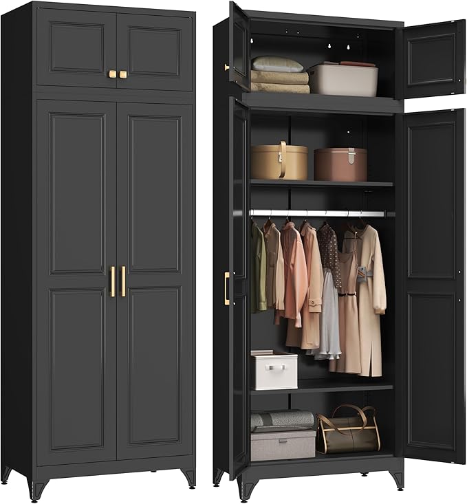 Metal Armoire Closet, 86 Inch Tall Wardrobe Armoire with Hanging Rod, Wardrobe Closet for Clothes with Doors, 18" D x 32" W x 86" H,Black, Assemble Required, Shipped in Two Packages