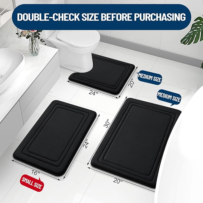 Grandaily Memory Foam Bath Mat Rug 47x32, Ultra Soft, Non-Slip and Absorbent Bathroom Rugs, Machine Wash Dry, Comfortable Bath Carpet for Bathroom Floor, Tub and Shower, Black
