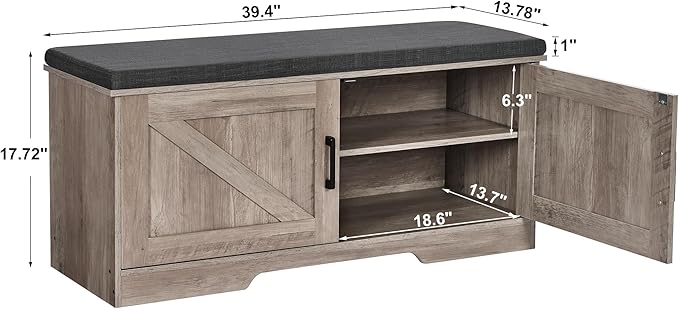 2-Tier Storage Bench, 39.4" Wide Shoe Bench with Padded Seat Cushion, Entryway Bench with 2 Barn Doors and Adjustable Shelf, Greige