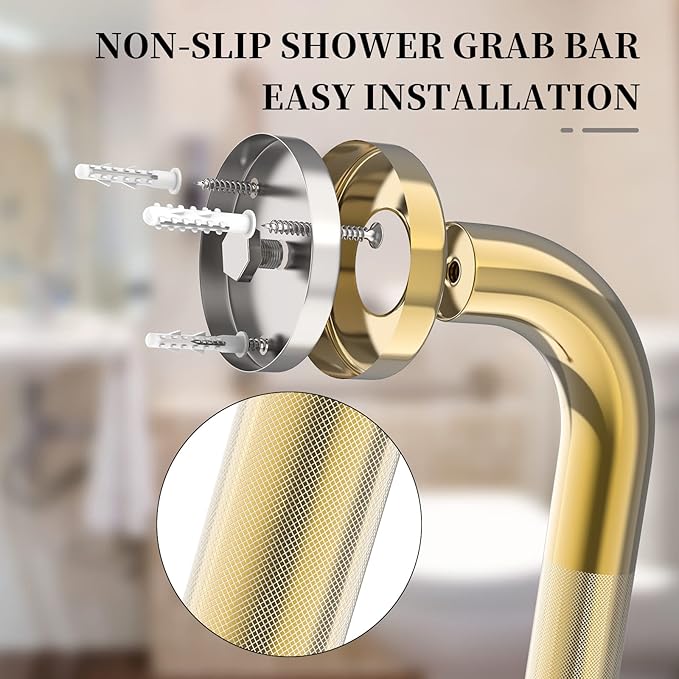 Gold Shower Grab Bar w/Anti-Slip Knurled Grip 20 Inch, Zepolu Wall Mounted Stainless Steel Bath Grab Bar,Safety Balanced Handrail, Handicap Injury Elderly Senior Assist Support Textured Handle