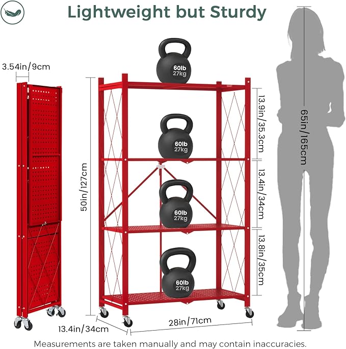 DEANIC 4 Tier Foldable Storage Shelves with Wheels, Large Capacity Shelving Unit, Freestanding Metal Wire Shelf Rack, No Assembly Organizer Rack for Garage Kitchen, Basement, Pantry(Red Pack of 2)