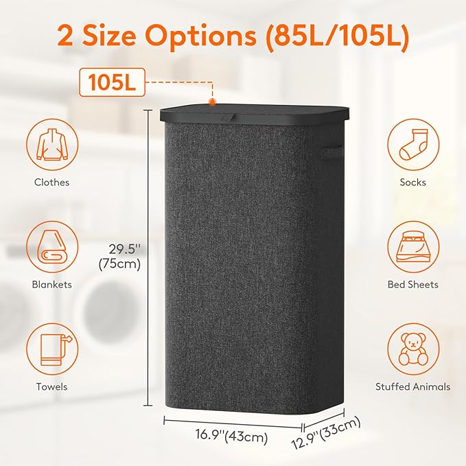 Lifewit 105L Laundry Basket with Lid, Large Laundry Hamper with Plastic Handles and Removable Bag, Foldable Tall Dirty Clothes Hampers for Laundry for Laundry Room, Bedroom, Bathroom, Dorm, Dark Gray