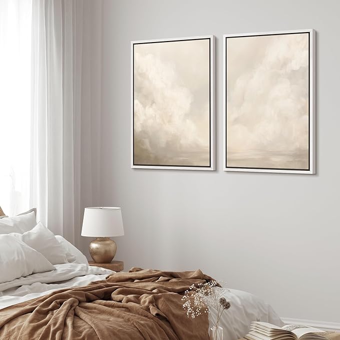 MUDECOR Framed Canvas Print Wall Art Neutral Cloudscape Soft Abstract Sky Illustrations Modern Art Decorative Bohemian Colorful Chic for Living Room, Bedroom, Office - 16"x24"x2 White