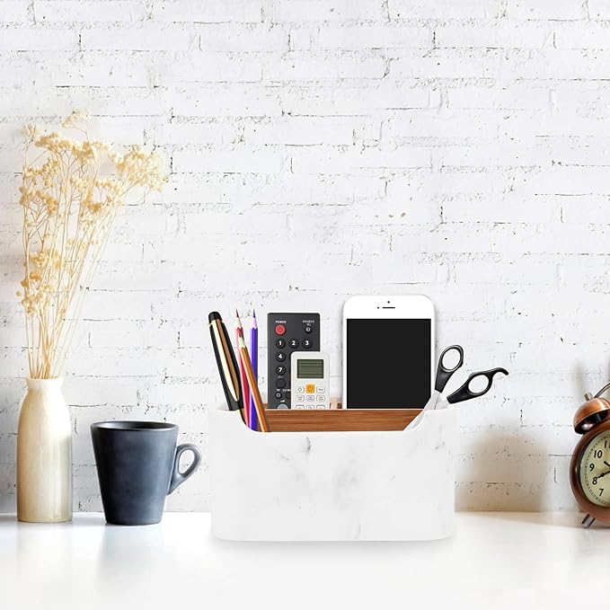 Desk Organizer, Marble Remote Holder for Table, Modern Office Controller Pen Phone Holder Organizer, Stylish Caddy and Storage Accessories for Bedside Nightstand Desktop Coffee Table