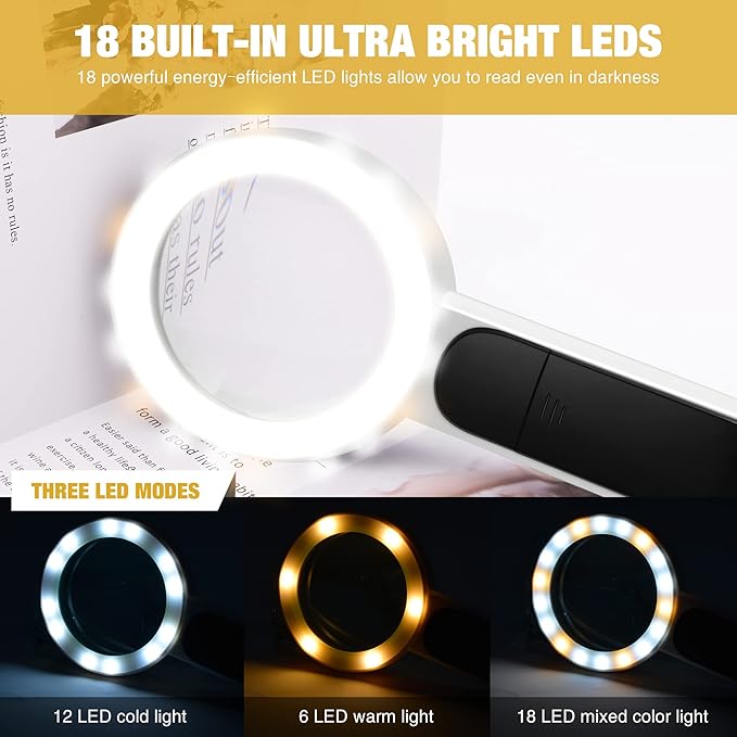 Magnifying Glass with Light, High Magnification Handheld Large Magnifying Glass 18LED Cold and Warm Light with 3 Modes, Illuminated Lighted Magnifier for Seniors Reading, Coins, Jewelry, Exploring